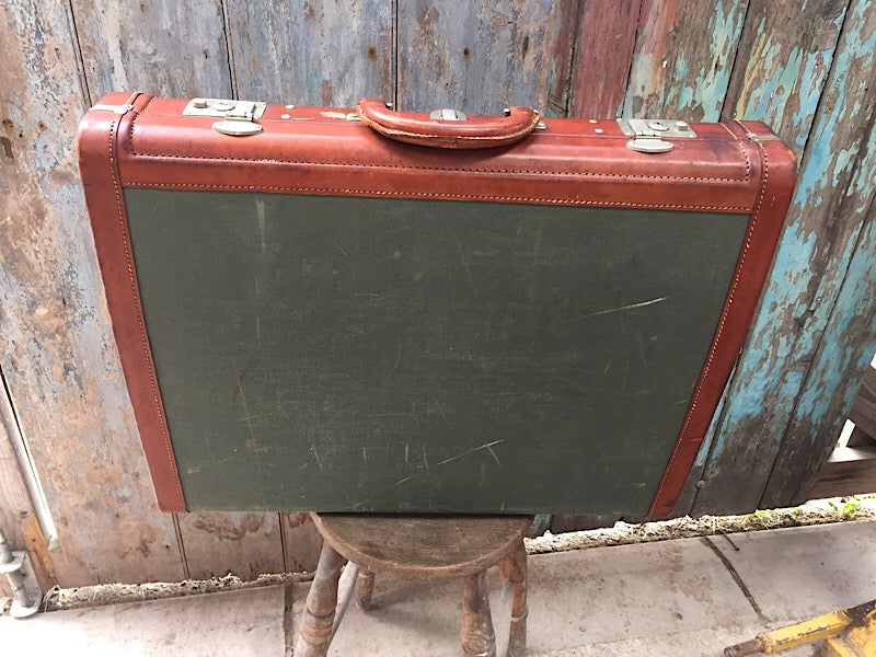 Vintage Victor leather and green suitcase luggage
