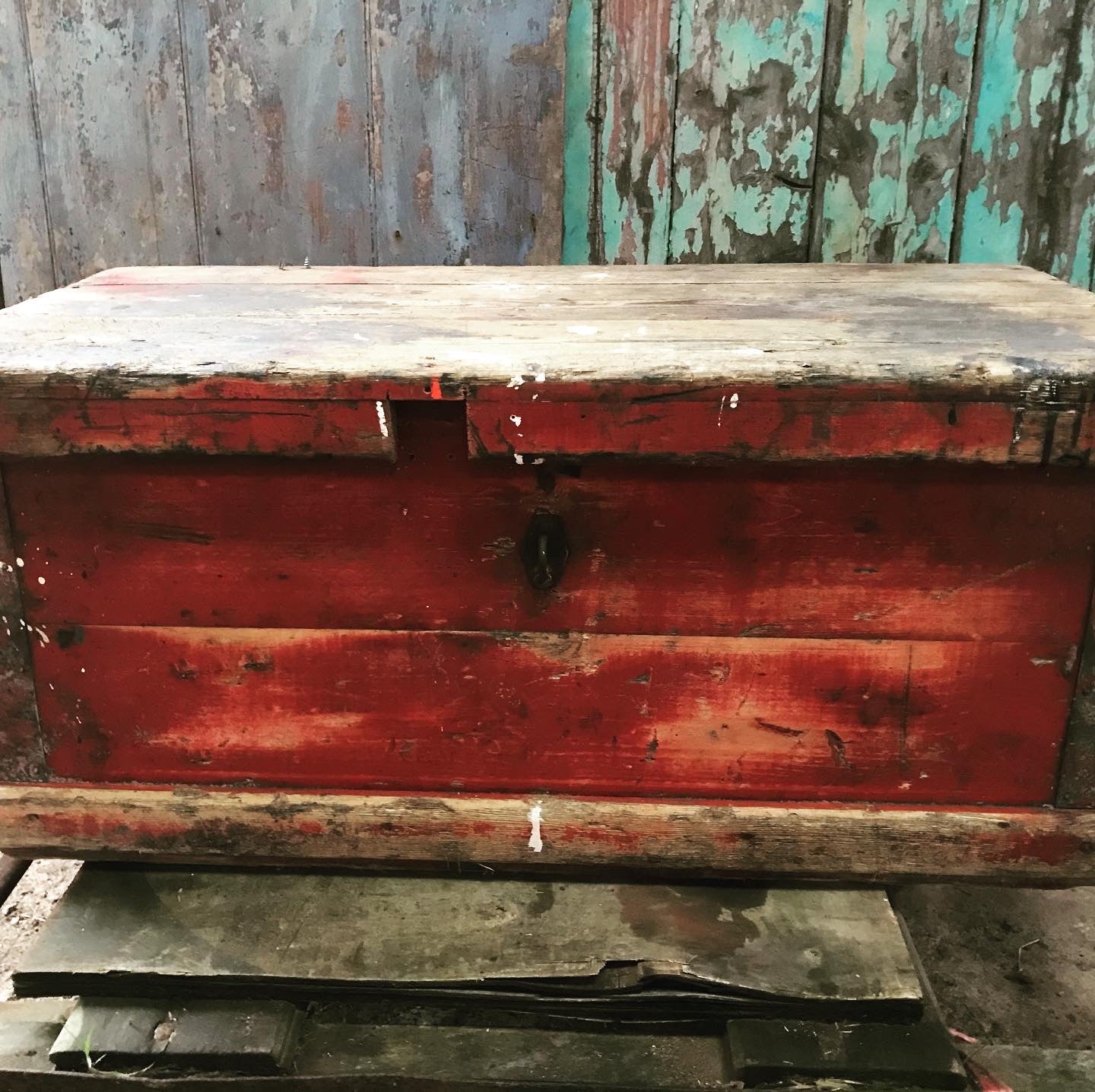 Vintage rustic wooden storage trunk box