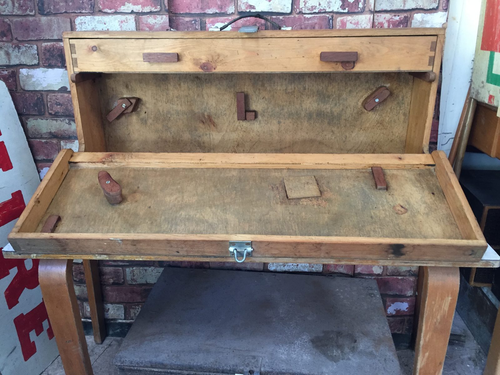 Vintage wooden carpenters painters tool box chest
