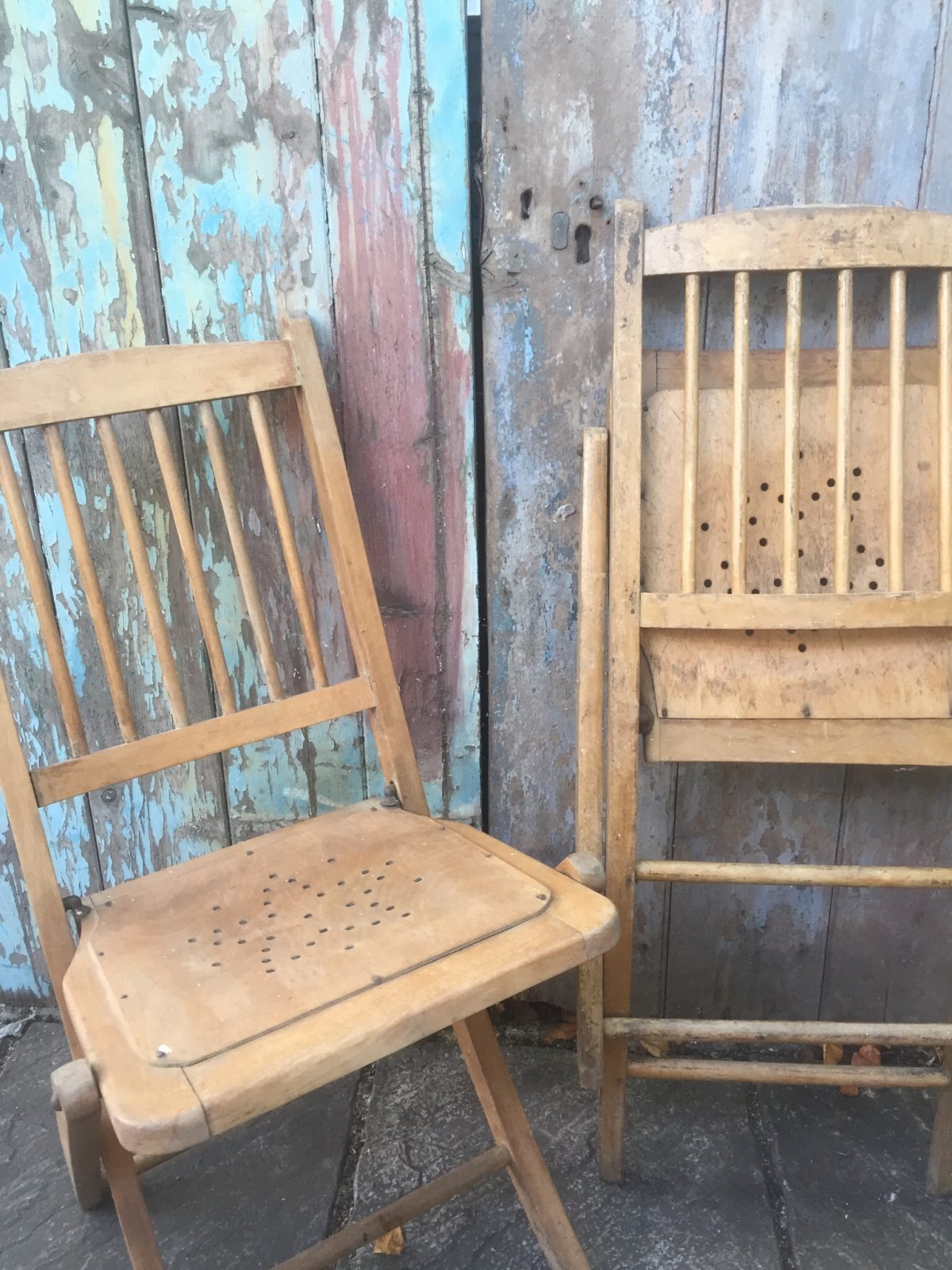 Vintage pair of pine folding old chapel dining office garden chair