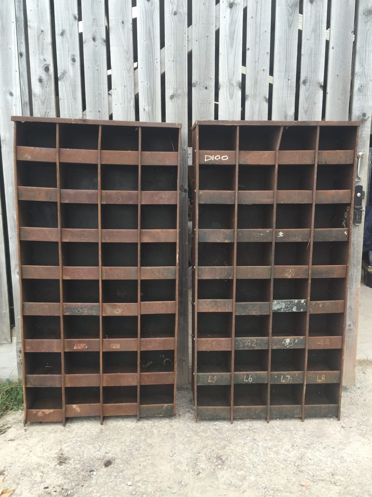 Set of 2 Vintage industrial pigeon hole storage shelves ex mod